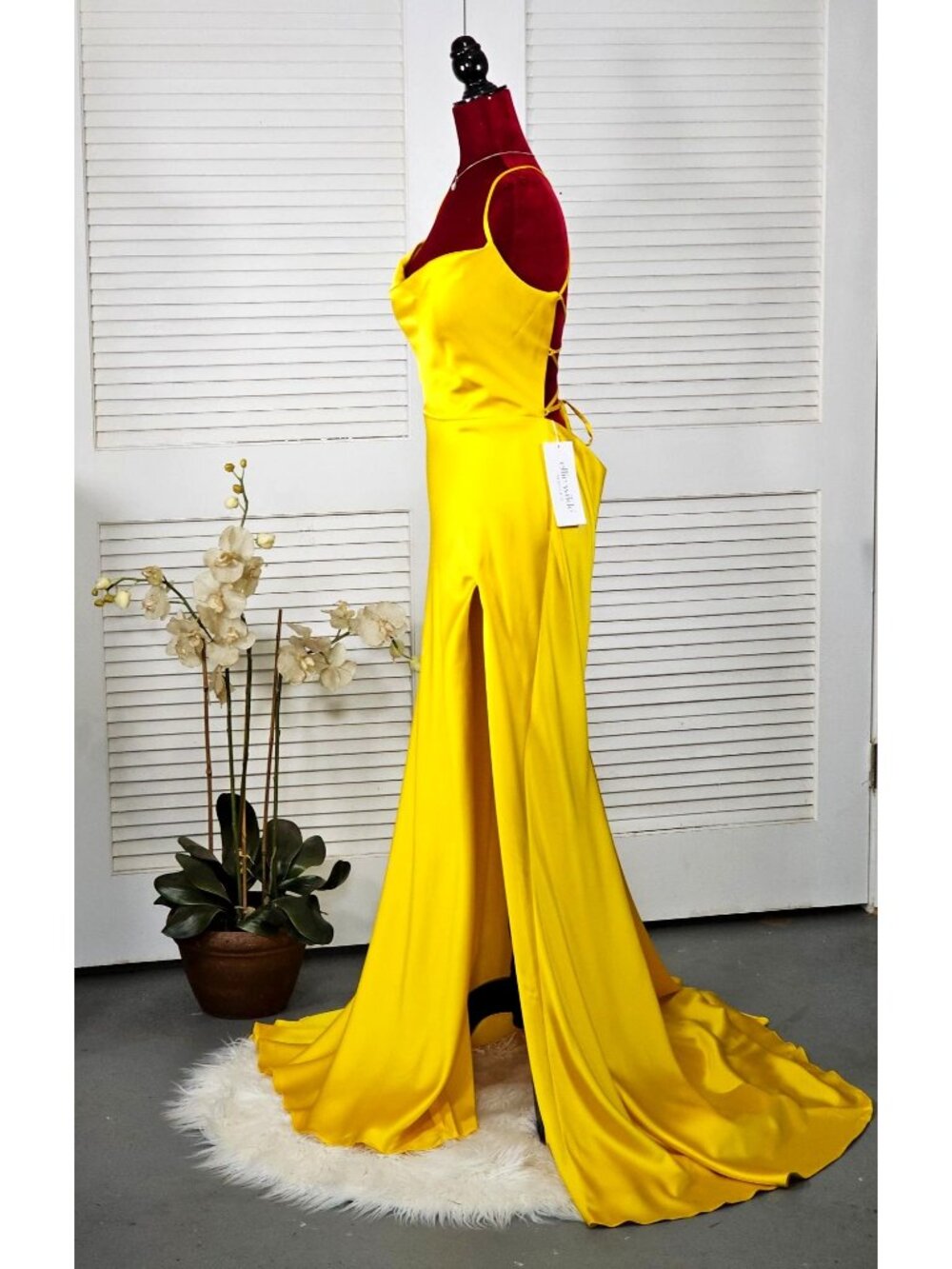 NWT Ellie Wilde Mon Cheri Sunflower Yellow Satin Long Prom Dress Size 16 1751 - Picture 9 of 16